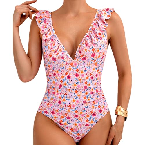 KAKU NANU Bañador Mujer Reductor Volantes Sexy Traje de Baño Bañador Push Up con Relleno XL Rosa