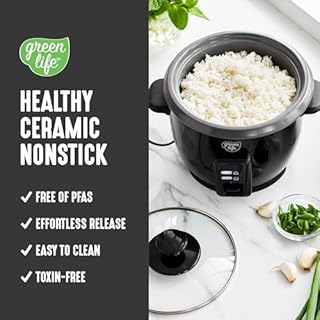 GreenLife Rice Cooker with Removable PFAS-Free Ceramic Nonstick Pot, 3-Cups Uncooked/6-Cups Cooked, Grains & Oatmeal Multicooker, Compact One-Switch Design, Auto Keep Warm, Easy Clean, Black