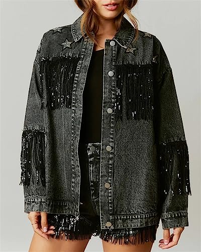 Cylady Women's Fringe Denim Jacket Drop Shoulder Button Down Loose Jean Jacket #TOP2