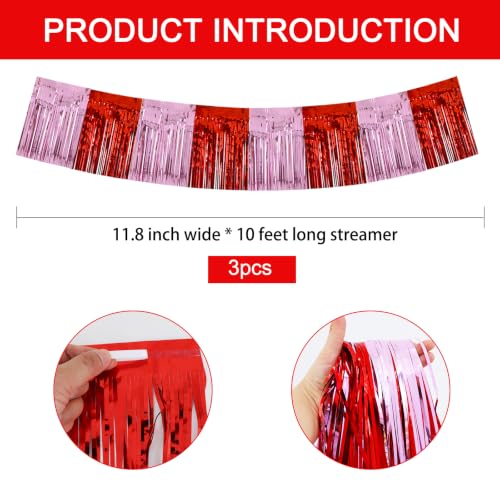 Image of BEISHIDA 3 Pack Red Pink Foil Fringe Garland 30ft Wall Tinsel Banner