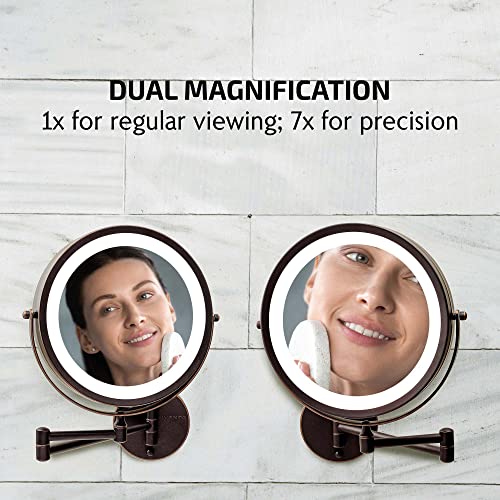 Image of OVENTE 9 inch Wall Mounted Lighted Makeup Mirror, Antique Bronze MFW85ABZ1X7X | Cordless Double Sided 1X /7X Magnifying Mirror for Bathroom with LED Lights, 360 Rotation, Extendable Arm, Battery Operated