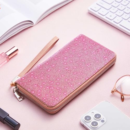 Image of MotiMind Pink Bling Gift Glitter Sparkly Wallet for Women Rhinestone /Pearl Wallet RFID Blocking Phone Purse Gifts for Mother's Day (Rhinestone)