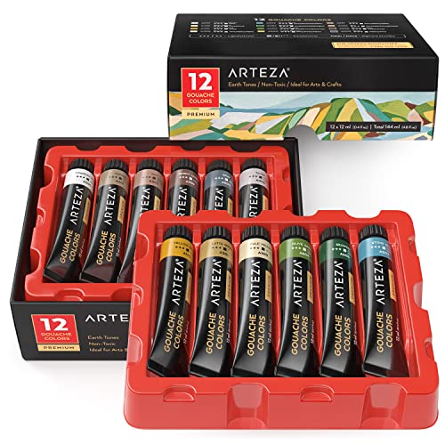 ARTEZA Gouache Paint, Set of 12 Earth Tones, 0.4 fl oz (12 mL) Tubes, Opaque Paint Set for Canvas and Paper