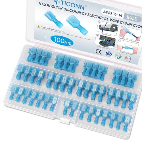 TICONN 100 Pcs Nylon Spade Quick Disconnect Connectors Kit, Electrical Insulated Terminals, Male and...