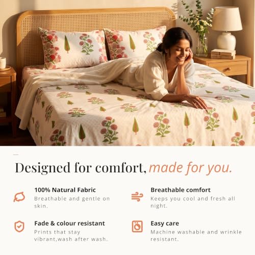 Image of Naksh Bedsheet for Double Bed King Size Floral Print 2 Pillow Covers | Bed Sheet Double Bed Soft Pink Floral Print | Delicate Pastel Design for King Size Bedrooms | Royal Sajawat Collection |