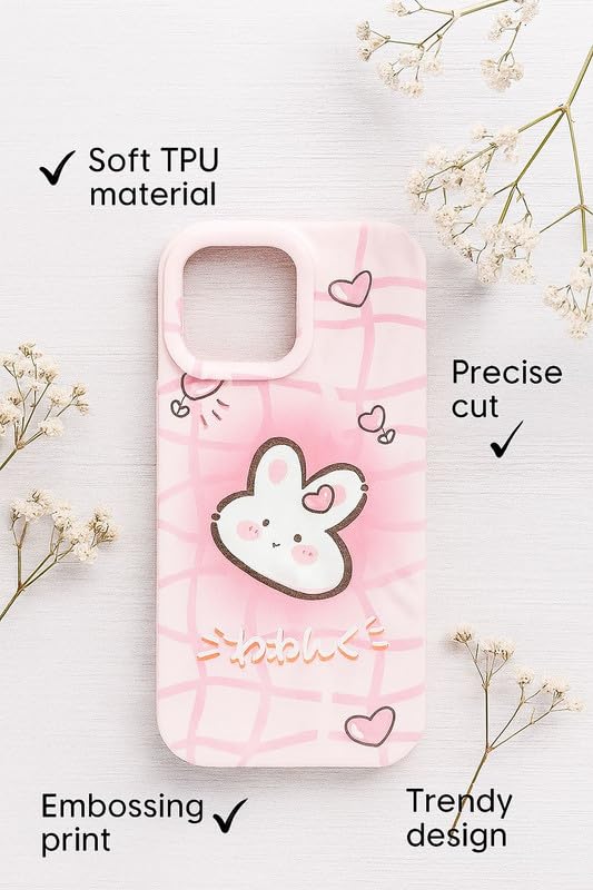 Image of COVERLY Silicone 3D Pink Rabbit Bunny Wrinkle Phone Case Back Cover,Luxury Texture Trendy Cute Cartoon Artistic Cool Design-Aesthetic for Girls & Teens Cover for Apple iPhone 15 Pro Max