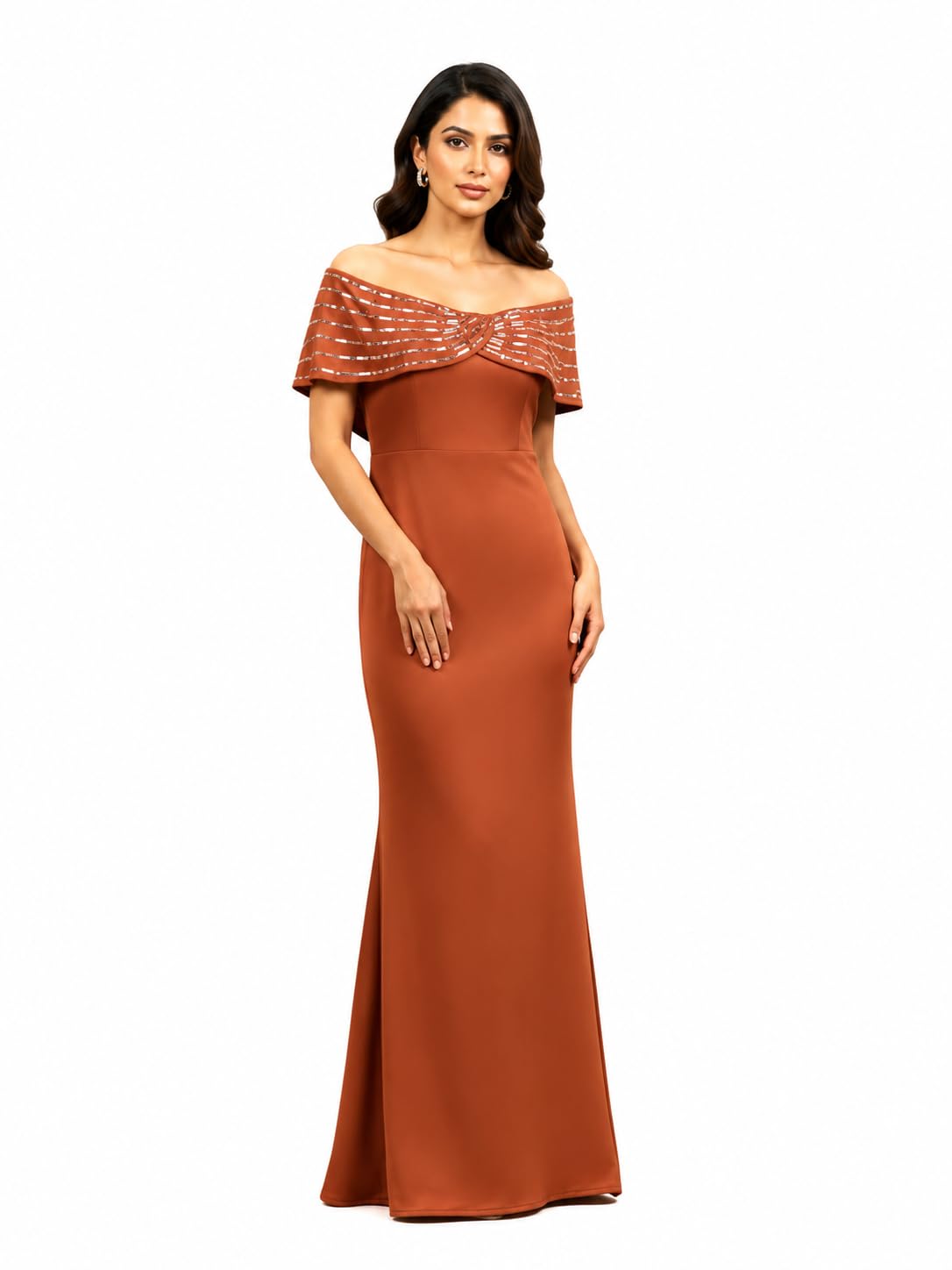 marc louis Elegant Off Shoulder Maxi Dress for Women Brown-picture-42