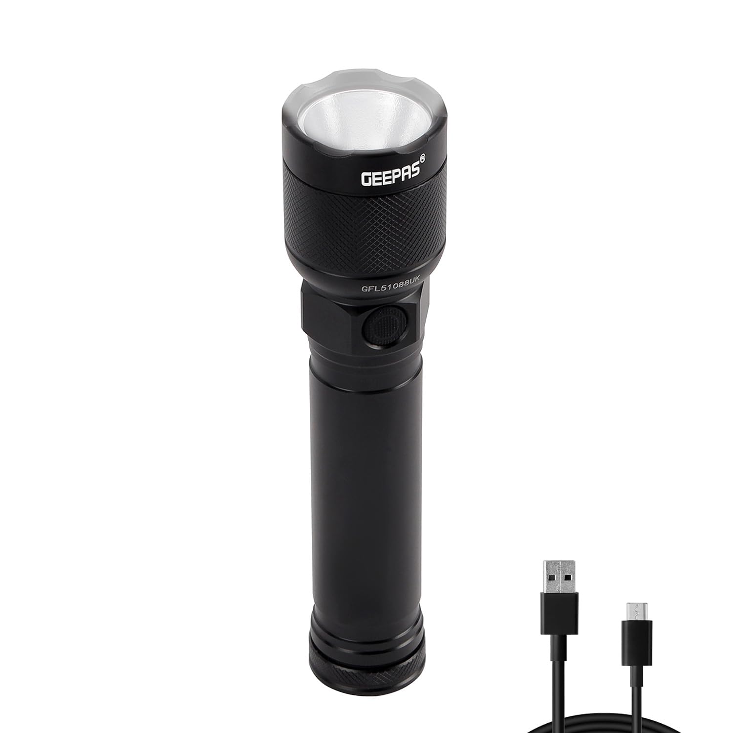 Geepas Rechargeable Portable Flashlight 500 Lumens, 200M Distance Range Waterproof IPX5 in Black