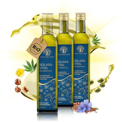 Aura vom Land Solara Vital 3x250ml Set – Exklusive Bio Omega 3-6-9 Öl-Mischung Kaltgepresst –Ausgewogenes Omega 3-6-9 Fettsäureprofil hochdosiert – Premium Speiseöl Vegan - Hergestellt in Bayern