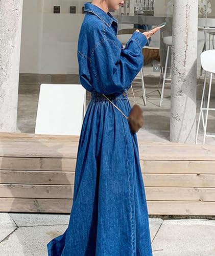 Sexyshine Women's Denim Dress Lapel Button Down Long Sleeve A Line Jeans Maxi Dress Plus Size Denim Shirt Dress with Pockets4
