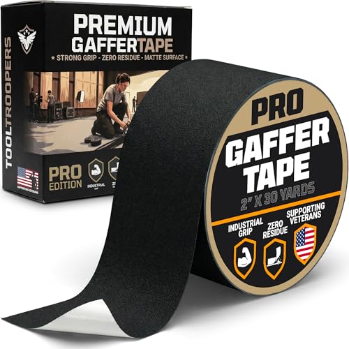 TOOLTROOPERS Gaffers Tape (2 x 30 Yards Black) - Strong Hold Easy Tear Clean No-Residue Removal Professional Matte Cloth Gaffer Tape for Cable Management Floors AV Stage & Studio