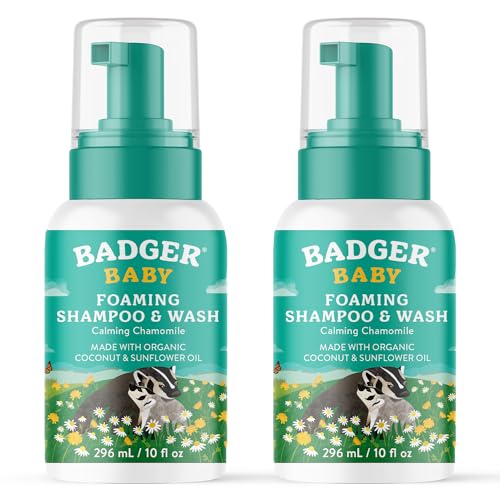 Image of Badger Foaming Baby Shampoo and Body Wash, Gentle Organic Baby Wash w/Mild Calming Scent of Chamomile, Long Lasting Foam & Easy to Use Sustainable Bottle, 10 fl oz, 2-Pack
