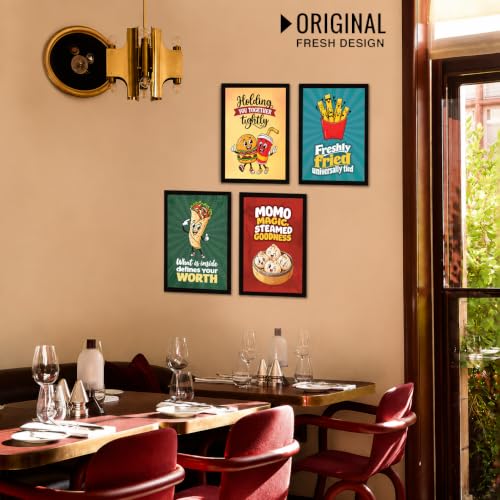 Image of Chaka Chaundh - Restaurant wall decoration items - Cafe quotes wall frames - Food walls frame - funny, cartoonist, fast food wall frame art - Burger wall frame poster, Roll wall frame, - Moms frame poster wall art, - French fries wall art. ( 14X11 inch. Set OF 4 )