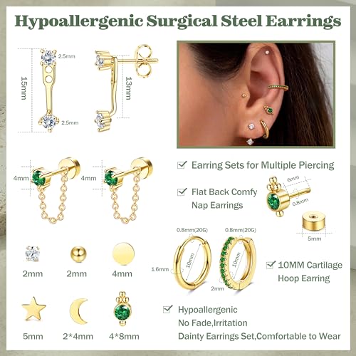 Hypoallergenic Flat Back Earrings for Women-Cartilage Earring Sets for Multiple Piercing 20G Surgical Stainless Steel Earring Stacks Small Hoop Flatback Stud Earrings4
