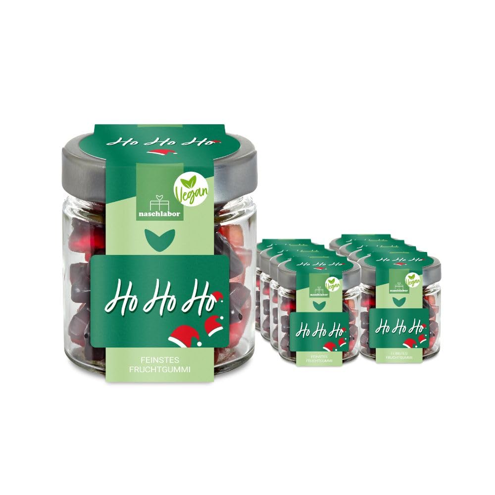 Vegan Ho Ho Ho Fruchtgummi in Geschenkglas 120g | Veganes Geschenk für Familie, Freunde und Kollegen | 20% sortenreiner Fruchtsaft | Mitbringsel Geschenk für Weihnachten und Nikolaus