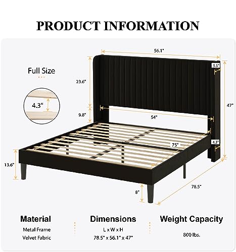 Image of SHA CERLIN Full Size Velvet Bed Frame, Tufted Wingback Headboard, Black | 47'' Modern Vertical Channel Headboard, Upholstered Platform Bed, Wood Slats, No Box Spring Needed, Easy Assembly, Noise Free
