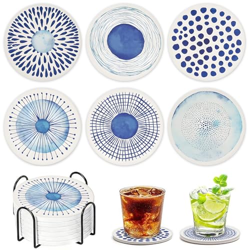 Untersetzer mit Halter - 6er Set Keramik Kork Saugfähig Getränkeuntersetzer Rund Wiederverwendbare Tassenuntersetzer für Getränke Tassen,Becher, Geburtstag Büro Küche Wohnzimmer Dekoratio, Blau