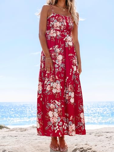 Image of CUPSHE Women's Floral Maxi Dress Spaghetti Strap Summer Boho Beach Dress Smocked Sundress Casual Vacation Flowy Long Dress