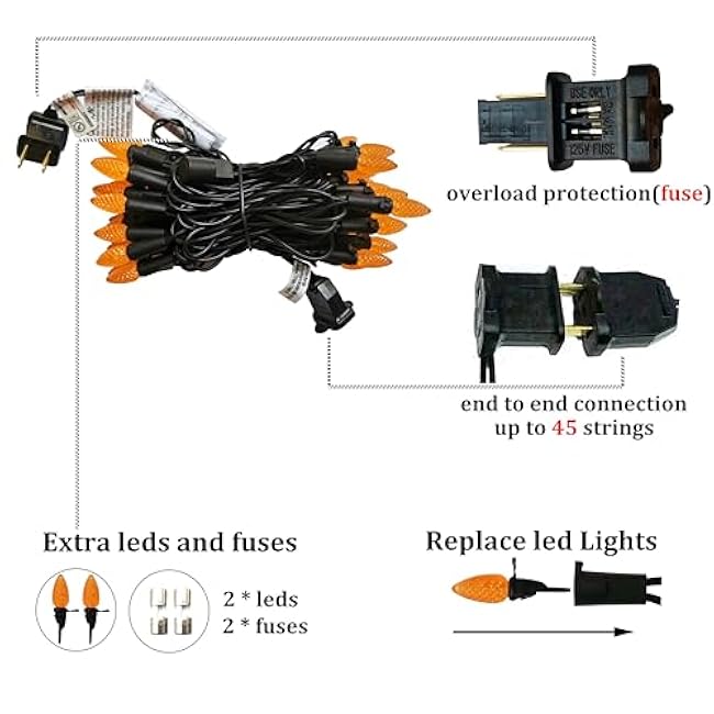 Orange C3 Halloween String Lights 50LED Strawberry 18ft Waterproof Black Wire Lights for Outdoor Indoor Garden Yard Home Halloween Party Decoration(Orange)
