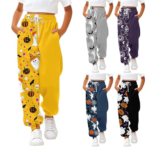 Halloween Sweatpants for Girls Straight Elastic High Waist Drawstring Jogger Kids Cute Ghost Pumpkin Fall Pants