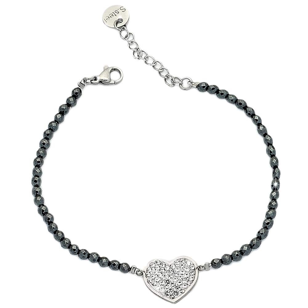 Beloved ❤️ Women's Stainless Steel Bracelet with Charcoal Briolè Crystals and White Crystal Center Pendant - Adjustable Size - Lobster Clasp