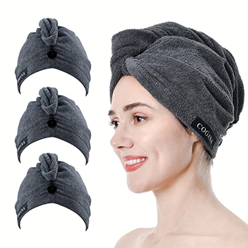 COGANA 3Pack Grey Microfiber Hair Towel, Hair Towel Wrap for Women, Hair Drying Towel with Button, Hair Wrap Towel for Curly Hair, Hair Turban for Wet Hair (Grey 3 Pack, 10Wx28L)