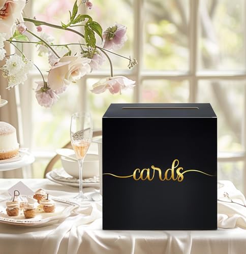 Image of SietDESEO Black and Gold Card Box for Party Gift Card Box Holder for Wedding Reception Baby Shower Birthday Decorations Raffle Ticket Box