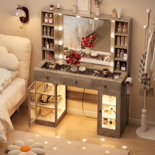 Image of Grey Vanity Desk with Mirror and Lights, Glass Top Vanity with Lighted Mirror & RGB Glass Cabinet and 3 Drawers, Farmhouse Makeup Vanity Desk with Lights Dressing Table for Bedroom, 3 Color Modes