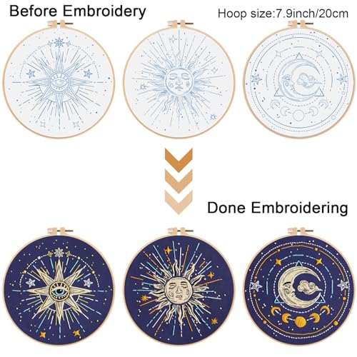 Image of Louise Maelys 3 Set Tarot Embroidery Kits for Beginners,Cross Stitch Kit for Adults,Starters DIY Needlepoint Including Embroidery Cloth with Sun Moon Star Evil Eye Pattern and Instructions