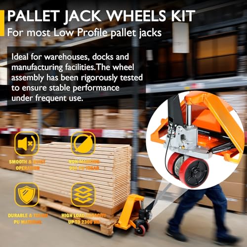Image of Pallet Jack Wheels Kit for Most Hand Pallet Jacks- Complete Set with Steering Wheels 7 inchx 2 inch Pair, Load Roller 3 inch x 3.75 inch Pair, Entry Exit Rollers, Axles, Tools & Hardware - Red Polyurethane