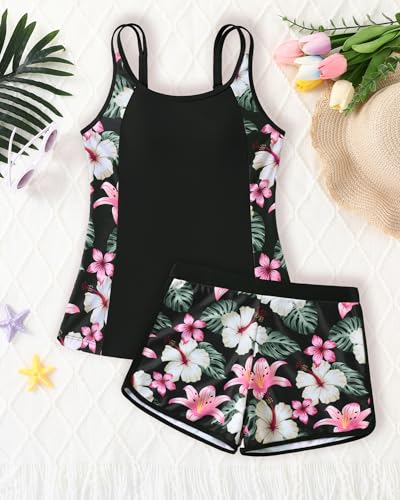 Image of Teen Girls Tankini Swimsuit Adjustable Straps Modest Bathing Suits Girl 2 Piece Swimwear with Shorts 7-16 Years