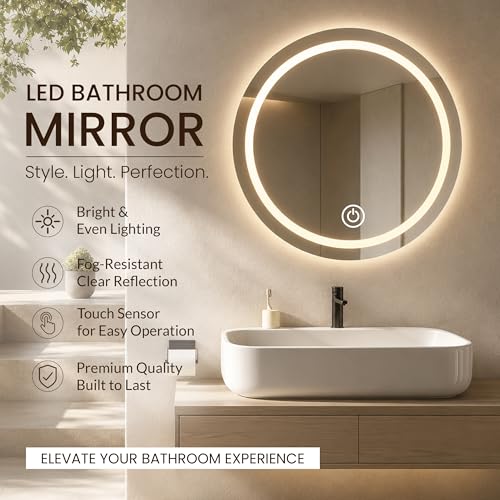 Image of Art Street Round LED Bathroom Vanity Mirror, Anti-Lighted Wall Mirror with Touch Control, Dimmable Backlit Mirror for Bathroom, Makeup, Bedroom & Modern Home Decor (Size, 24x24 Inch)