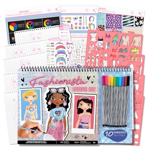Fashion Angels Fashionista Design Sketch Book Set Includes Sketch Pad with Stencils Stickers & Instructions for Inspiration Ideal Drawing Kit for Kids