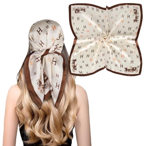 Relang Silk Satin Head Scarf 27.5x27.5 Brown & White
