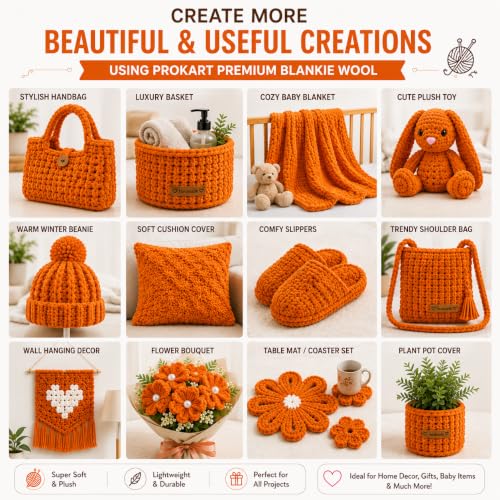 Image of ProKart Premium Blankie Wool, Plush & Cuddly, Chenille Yarn Supersoft Hand Knitting Wool Ball | Blanket Thick /Mottu Yarn Ball Suitable for Hand Knitting and Crocheting for Baby, Adult, Sweaters, caps, Throws, Home Furnishing, Scarves, Blankets (Orange, 100gms x 1 Pack)