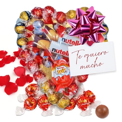 Corazon de Bombones con Bombones Lindt, Kinder Joy, Barritas Chocolate y Kinder Shochobons. Regalo Deluxe Ideal para Aniversarios. [IAMI]