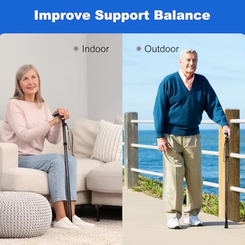 Image of MFE Folding Cane, Portable 5-Level Adjustable Height Walking Stick with Foldable Design, Wrist Strap, and T Handle for Men and Women, Black