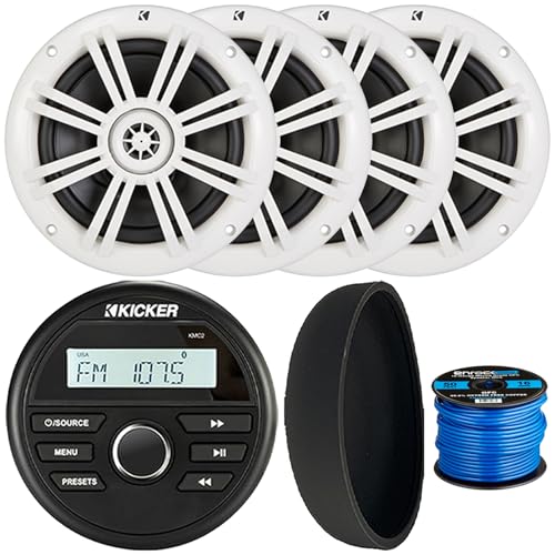 KICKER 46KMC2 Marine Bluetooth All-Weather AM/FM USB/AUX Gauge Style Media Center Receiver W/Black Cover, 4X 6.5 150 Watts Max Power 2-Way Boat Coaxial White Speakers, 50 Feet 16 Gauge Speaker Wire