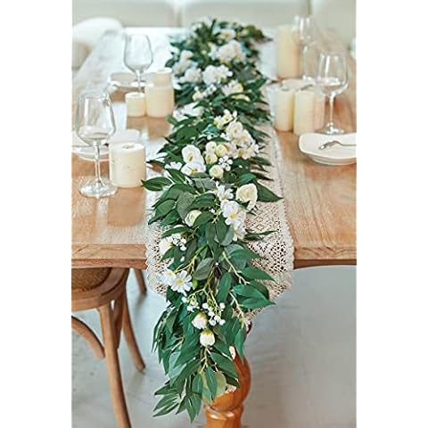 MISSPIN 2pcs Faux Eucalyptus and Willow Vines Twigs Leaves Garland, Handcrafted Garland with Flowers for Wedding Arch Greenery Garland Backdrop Table Runner Wedding Decor (White, 2) Cover