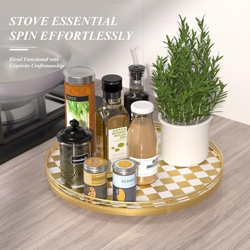 Image of Premium Rubber Wood Lazy Susan Turntable, Glod White Checkerboard Decorative Serving Tray, Hand-Welded Metal Railing, Stable Rotating Organizer for Dining Table, Kitchen Counter, Coffee Table Decor