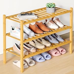 Smiry Bamboo Shoe Rack for Closet, 3 Tier Wooden Stackable Shoe Organizer, Free Standing Shoes Storage Shelf for Entryway, Front Door Entrance, Natural