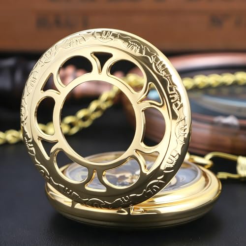 Image of Black and Silver Roman Numeral Dial Mens Mechanical Moon Phase Design, Moon Sun Pattern Skeleton Mechanical Pocket Watches for Men with Case and Chain - Black