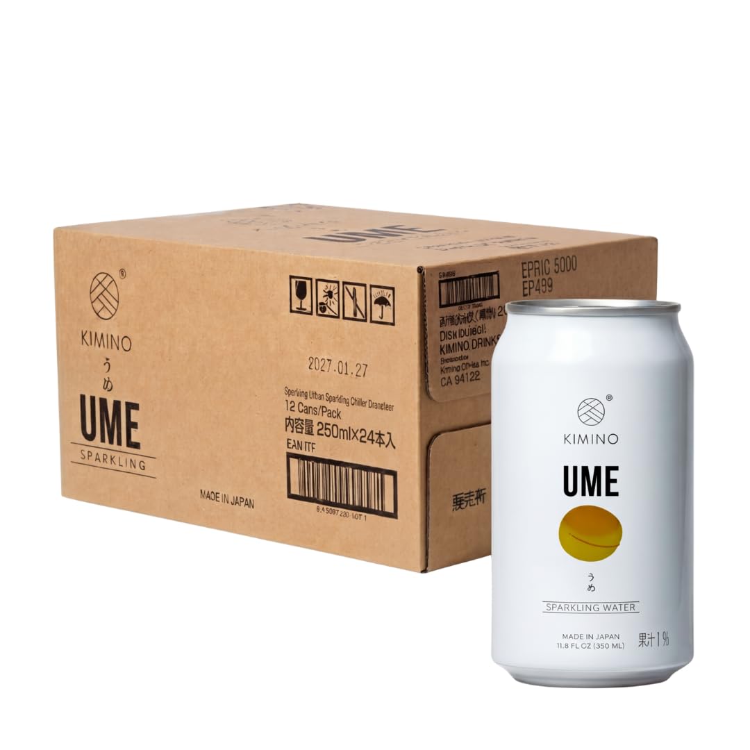 KIMINO Ume Sparkling Water - Japanese Plum Zero Calories Zero Sugar, Wakayama Ume Plum Juice Puree, Hyogo Region Mountain Water, Made in Japan Bubbly Healthy Asian Drinks - 11.8 Fl Oz, 12 Pack