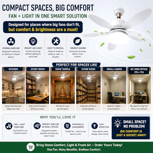 Image of Gesto B22 Socket Fan with LED Light & Remote, Mini Ceiling Fan with 3 Speed & 3 Color Dimmable Light, Portable Bulb Fan for Kitchen, Bathroom, Pooja Room, Study Room, Small Office - 16.5 Inch