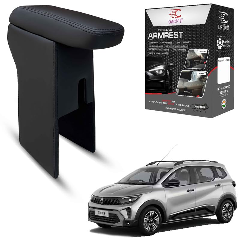 Image of Carigiri Premium Finish Car Armrest with Storage Box And High Density Moulded Foam For Renault Triber (All Models,Nappa Leatherette)(Models- 2025) (Without One-Touch Lock, Black Seam)