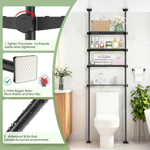 Image of SUNALLY Over The Toilet Storage Shelf, 4-Tier Adjustable Over Toilet Bathroom Organizer,Tension-Mounted Bathroom Storage Rack for Ceilings, No Drill Space-Saving Shelving for Small Rooms,Black