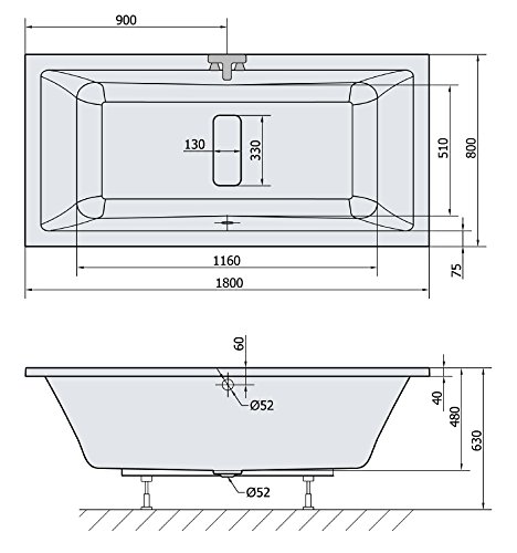 Vasca da bagno Marlene 180 x 80 x 48 cm con supporto e tubo di scarico in polistirolo