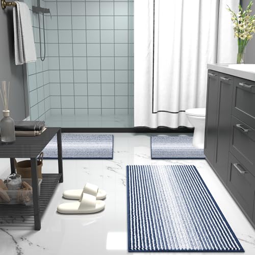 Image of OLANLY Bathroom Runner Rugs 47x20, Extra Soft Absorbent Chenille Striped Bath Rugs, Rubber Backing, Machine Wash Dry, Long Bath Mats for Bathroom, Tub, Shower, Home Decor Accessories, Navy
