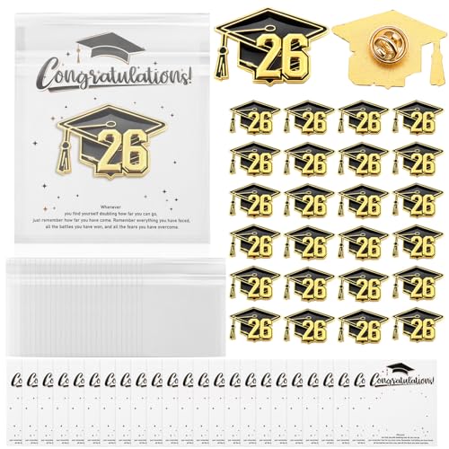 Cunno 24/48 Set 2026 Graduation Enamel Lapel Pins Bulk Congratulate Graduation Gifts Class of 2026 Button Pin Cards Bags for Graduates Cap Brooch Teacher Accessories Party Favors(Classic,24 Set)