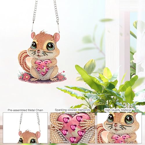 Image of DIY 5D Diamond Painting Rhinestone Acrylic Pendant Kit Love Squirrel Special Shape Diamond Art Hanging Crafts Wall Mosaic Art Door Window Home Decoration Ornament Valentine's Day Gifts